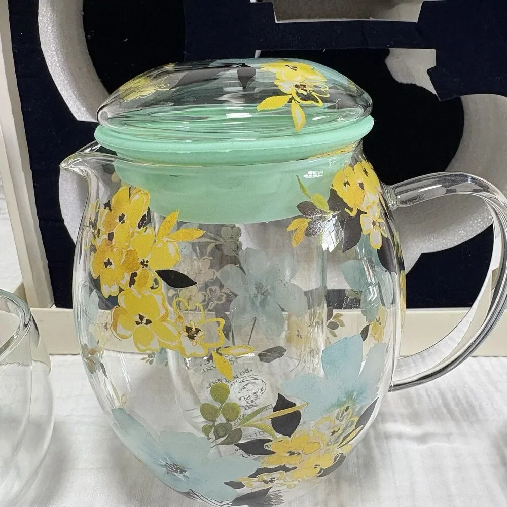 Vintage Cypress Refresh Glass Teapot Infuser 2 Double Wall Cups HandPainted NIOB